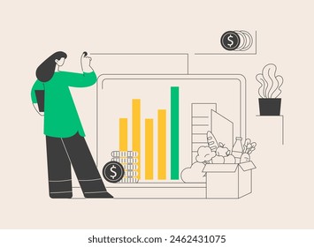 Ilustración vectorial abstracta del concepto de gasto de consumo. Gasto del consumidor, presupuesto del hogar, centro comercial, tarjeta de crédito, tienda al por menor, adicto a las compras, metáfora abstracta de compra compulsiva.