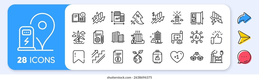 Consumption growth, Save planet and Buildings line icons. Interest rate, AI generate, Inflation icons. Pack of Windmill, Charging station, Documentation icon. Vector