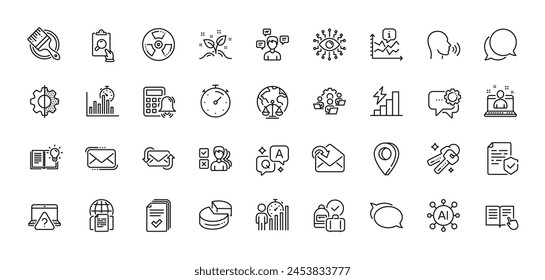 Crecimiento del consumo, paquete de iconos de línea de alarma de la burbuja de conversación y la calculadora. AI, Pregunta y respuesta, Iconos de pin de mapa. Transforme, Inteligencia artificial, Web del temporizador. Vector