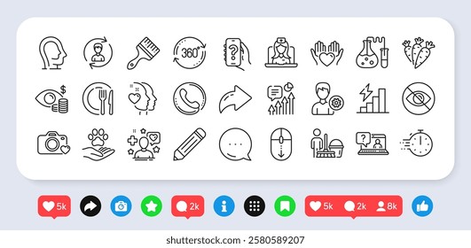 Consumption growth, Telemedicine and Carrots line icons pack. Social media: share, comment, like icons. Business vision, Pencil, Pets care web icon. Cleaning, Call center, Brush pictogram. Vector