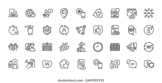 Consumption growth, User info and Video conference line icons pack. AI, Question and Answer, Map pin icons. Full rotation, Freezing click, Like web icon. Dont touch, Shield, Timer pictogram. Vector