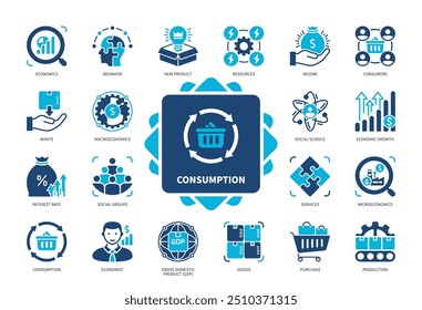 Conjunto de iconos de consumo. Consumidores, Ingresos, Deseos, Tasa de Interés, Ciencia Social, Economía, Compra, Producto Nuevo. Iconos sólidos de color duotono