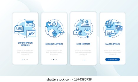 Consumption and leads metrics onboarding mobile app page screen with concepts. SMM strategy efficiency stats walkthrough 5 steps graphic instructions. UI vector template with RGB color illustrations