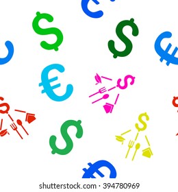 Consumption Pattern vector repeatable pattern with dollar and euro currency symbols. Style is flat colored icons on a white background.