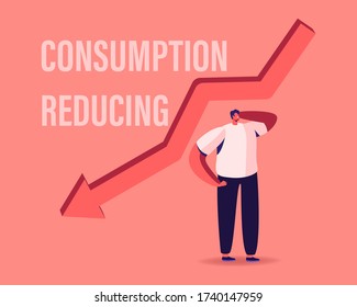 Consumption Reducing, Saving Money Concept. Tiny Male Character Stand at Huge Red Arrow Falling Down. Searching Modern Solutions of Saving Budget by Lowering Consumption. Cartoon Vector Illustration