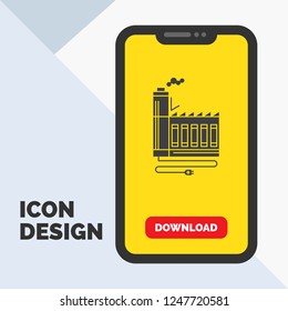 Consumption, resource, energy, factory, manufacturing Glyph Icon in Mobile for Download Page. Yellow Background