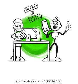 Consuting computer and Phone Check. Emotional business icon for digital marketing and print. Stickman series.