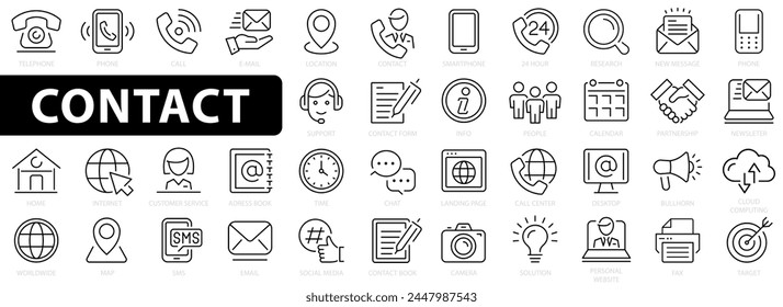 Contact 40 icon set. Web and mobile icon. Chat, support, message, phone, address, customer service, call, website and more. Vector illustration