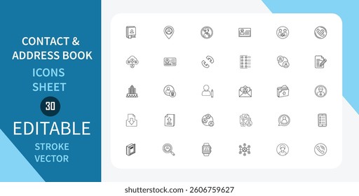 Contact and Address Book Line icons set. Phone, Email, Network, User profile symbols and more. Outline vector icon in linear style. Editable stroke. Vector illustration.
