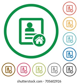 Contact address flat color icons in round outlines on white background