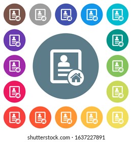 Contact address flat white icons on round color backgrounds. 17 background color variations are included.