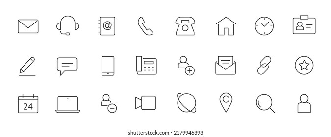 Contact, address line icon set. Mail, telephone adress, message symbol for website button. Editable stroke thin line design icon set. Vector illustration.