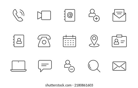 Contact, address line icon set. Mail, telephone adress, message symbol for website button. Editable stroke thin line design icon set. Vector illustration.