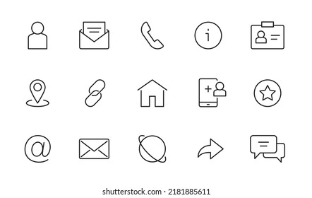 Kontakt, Adresszeile Symbol gesetzt. Mail, Telefonnummer, Nachrichtensymbol für die Website-Schaltfläche. Bearbeitbarer Strich-Strich-Strich-Design-Icon-Set. Vektorgrafik.