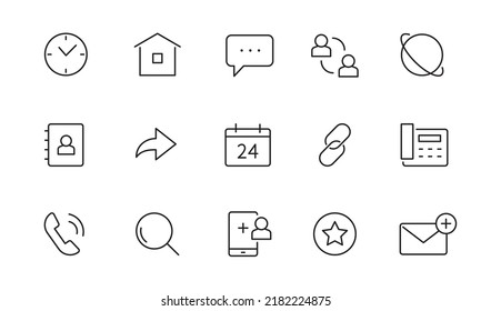 Contact, address line icon set. Mail, telephone adress, message symbol for website button. Editable stroke thin line design icon set. Vector illustration.