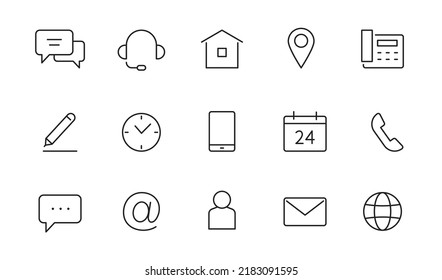 Contact, address line icon set. Mail, telephone adress, message symbol for website button. Editable stroke thin line design icon set. Vector illustration.