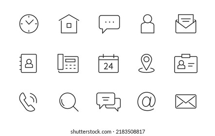 Contact, address line icon set. Mail, telephone adress, message symbol for website button. Editable stroke thin line design icon set. Vector illustration.