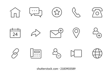 Contact, address line icon set. Mail, telephone adress, message symbol for website button. Editable stroke thin line design icon set. Vector illustration.