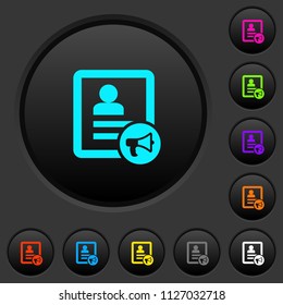 Contact alarm dark push buttons with vivid color icons on dark grey background