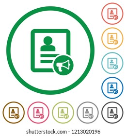 Contact alarm flat color icons in round outlines on white background