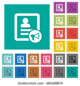 Contact alarm multi colored flat icons on plain square backgrounds. Included white and darker icon variations for hover or active effects.