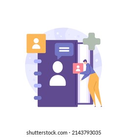 contact application concept. a user adds a new contact number to the contact list. flat cartoon illustration. vector design. elements, ui, landing page