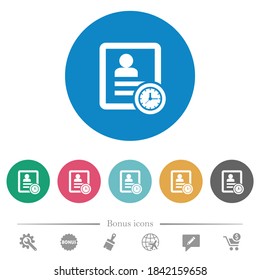 Contact appointment flat white icons on round color backgrounds. 6 bonus icons included.