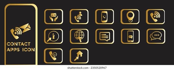 Contact apps golden black gradient  icon set. Containing e-mail, phone, address, customer service, call, website and more. Solid golden and black gradient icons vector collection.