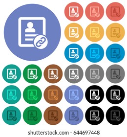 Contact attach multi colored flat icons on round backgrounds. Included white, light and dark icon variations for hover and active status effects, and bonus shades on black backgounds.