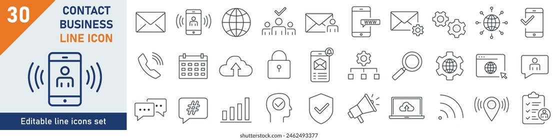 Contact Basic icons Pixel perfect. Contact Basic icon set. Set of 30 outline icons related to contact, mail, mobile, web. Linear icon collection. Editable stroke. Vector illustration.