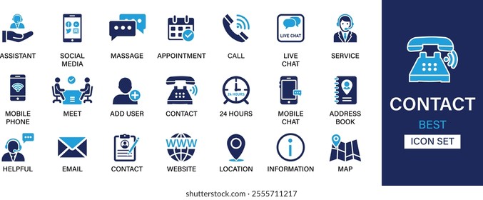 Contact best solid icon set collection. Assistant, social media, massage, appointment, call, live chat, service, mobile phone, meet, contact, location and vector illustration.