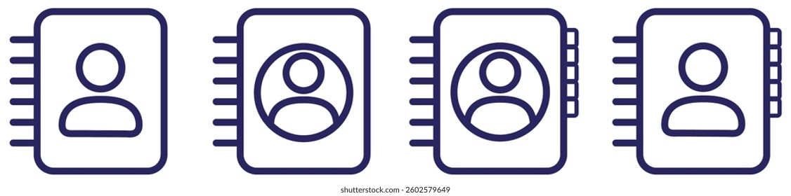 Contact book, address book symbol set collection. Address Book with Bookmarks Outline Symbol. Instruction Handbook and Catalog Vector Icon. Phone Directory and User Notebook Icon. Vector illustration 