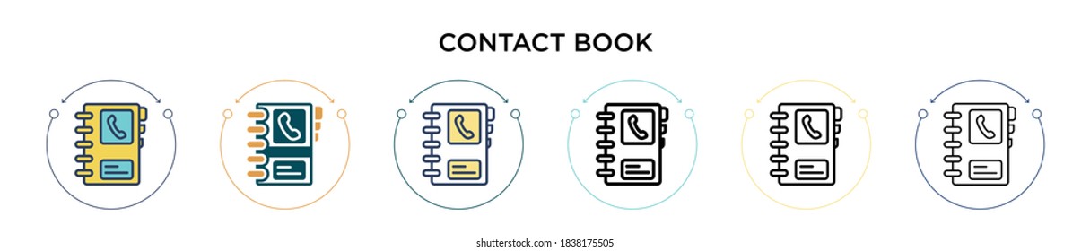 Contact book icon in filled, thin line, outline and stroke style. Vector illustration of two colored and black contact book vector icons designs can be used for mobile, ui, web