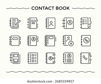 Contacto Conjunto de iconos de libro. Contiene perfil, libro, contacto, directorio, carpeta, Cuenta, papel y más. Conjunto de iconos de línea de directorio. Colección de iconos minimalistas. Vector editable.