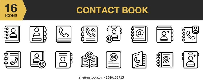 Contact Book icon set. Includes Address, Book, Contact, Phone, and More. Outline icons vector collection.