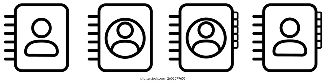Contact book icon set with user profile symbols inside address book shapes representing contacts, directory, phone list, and user entries.