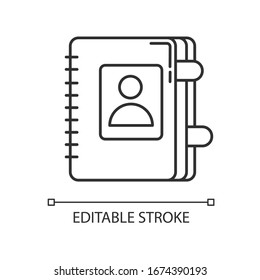 Icono lineal perfecto del píxel del libro de contactos. Diario personal. Organizador de negocios con marcadores. Ilustración personalizable en línea delgada. Símbolo de contorno. Dibujo de contorno aislado del vector. Trazo editable