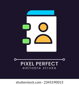 Contact book pixel perfect RGB color icon for dark theme. Phone numbers and address directory. Simple filled line drawing on night mode background. Editable stroke. Poppins font used