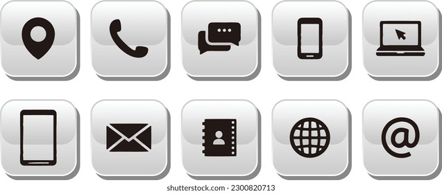 Juego de vectores de botones de contacto - correo electrónico, sobre, teléfono, iconos móviles. Pasos 10