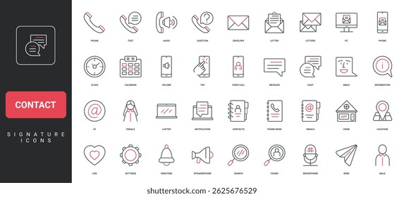Contact by phone call, email, social media chat messages, search and find user, location line icon set. Home address, calendar and information service thin black and red symbols vector illustration