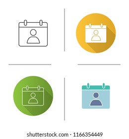 Contact calendar icon. Appointment scheduling. Meeting. Special date. Birthday calendar. Organizer. Flat design, linear and color styles. Isolated vector illustrations