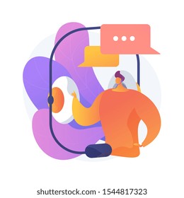 Contact, call center. Client support, help service, hotline idea. Headset with microphone, man and message boxes compositions. Stereo equipment. Vector isolated concept metaphor illustration