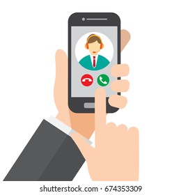 contact call center. hand holds smartphone. vector illustration.