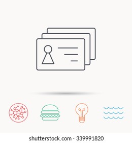 Contact cards icon. Identification badges sign. Identity holder symbol. Global connect network, ocean wave and burger icons. Lightbulb lamp symbol.
