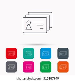 Contact cards icon. Identification badges sign. Identity holder symbol. Linear icons in squares on white background. Flat web symbols. Vector