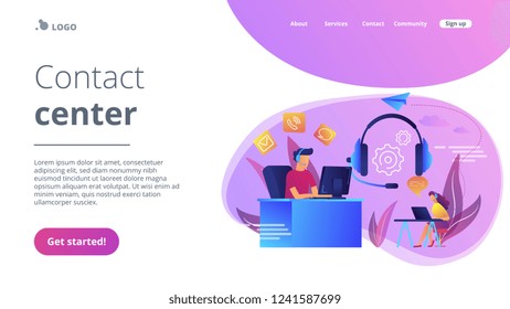 Contact center agents with headsets working at computers. Contact center, customer service point, customer relationship management concept. Website vibrant violet landing web page template.