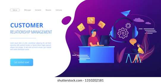 Contact center agents with headsets working at computers. Contact center, customer service point, customer relationship management concept. Website vibrant violet landing web page template.