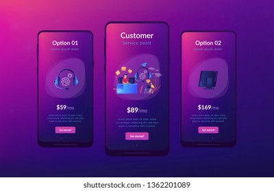 Contact center agents with headsets working at computers. Contact center, customer service point, customer relationship management concept. Mobile UI UX GUI template, app interface wireframe