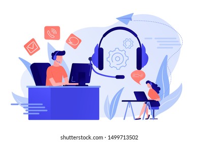 Contact center agents with headsets working at computers. Contact center, customer service point, customer relationship management concept. Living coral bluevector isolated illustration