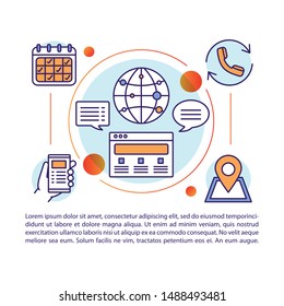Contact center article page vector template. Customer support service. Communication. Brochure, magazine, booklet design element with linear icons and text. Print design. Concept illustrations